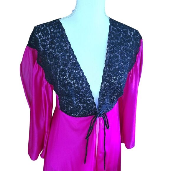 vintage shirley of hollywood dressing gown fuschia pink black lace one size - Picture 3 of 6